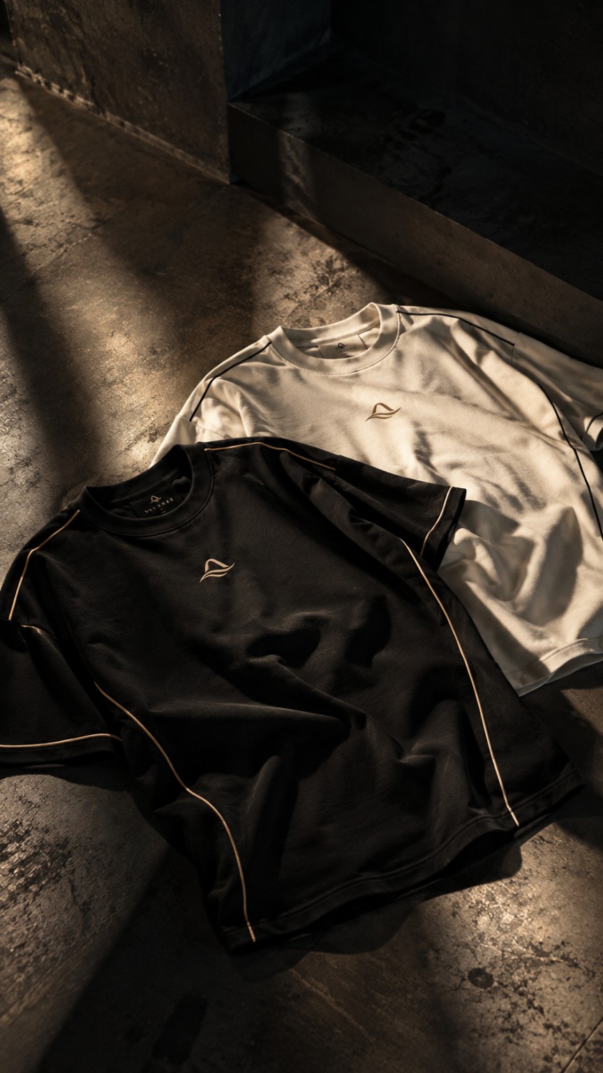 As duas camisetas Essential fotografadas em composição editorial