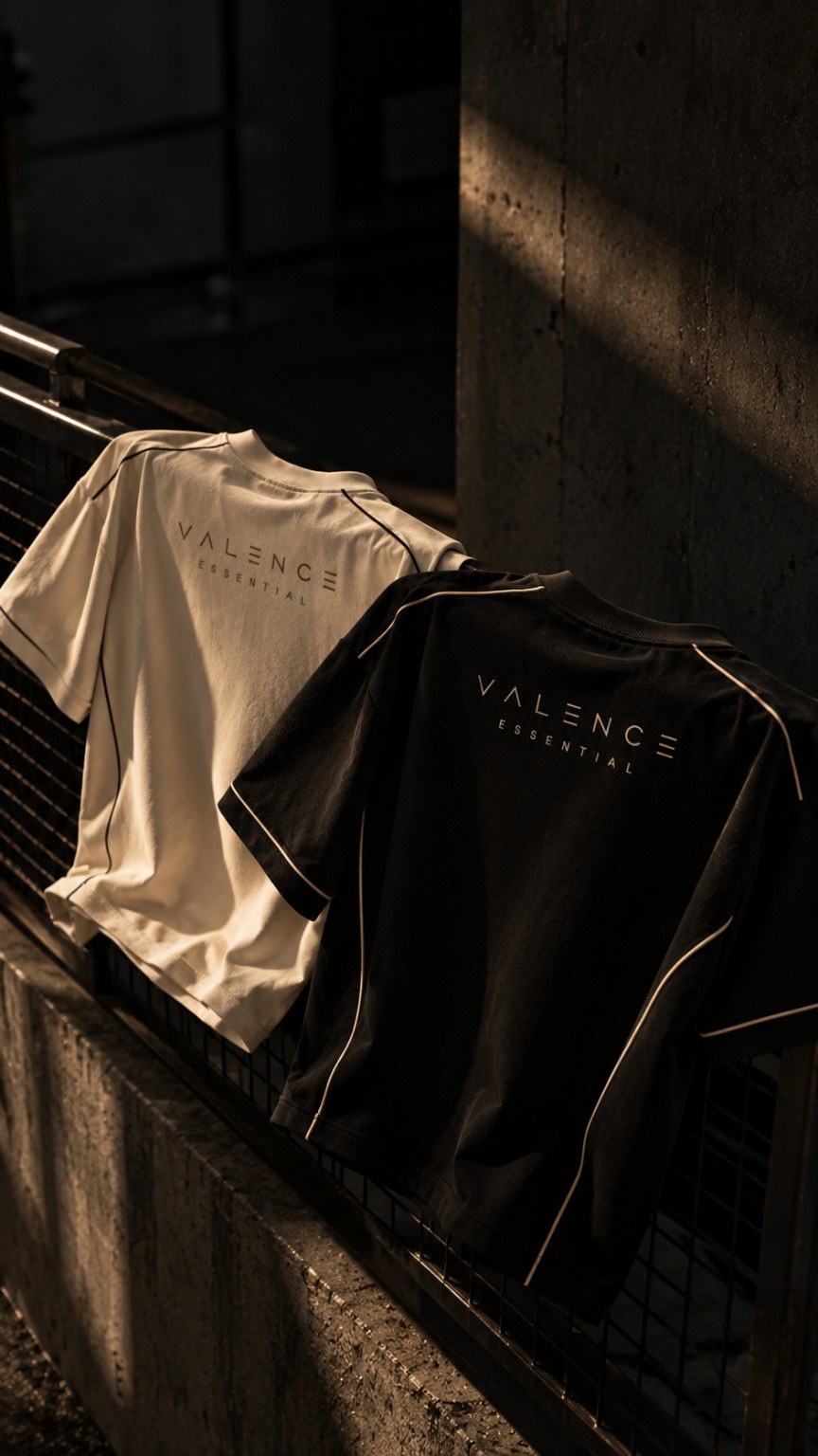 Camisetas Valence Essential preta e off-white na campanha