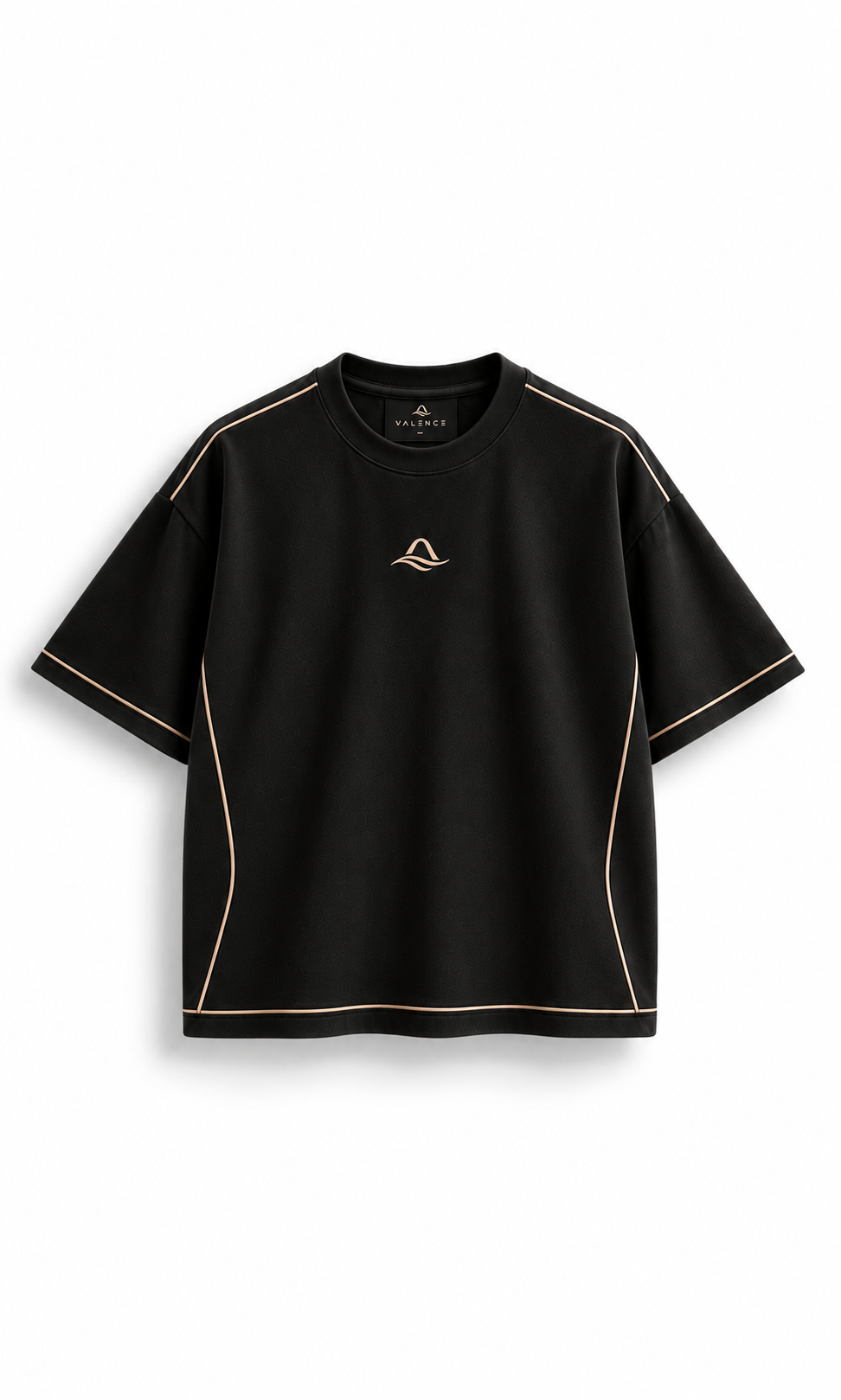 Frente da camiseta Valence Essential preta com detalhes dourados