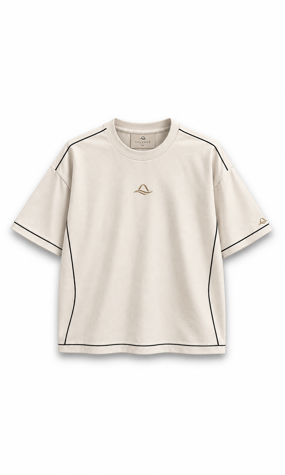 Frente da camiseta Valence Essential off-white com detalhes pretos e dourados